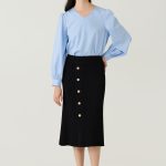 Buttons Ribbed Knitted Midi Skirt