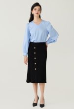 Buttons Ribbed Knitted Midi Skirt