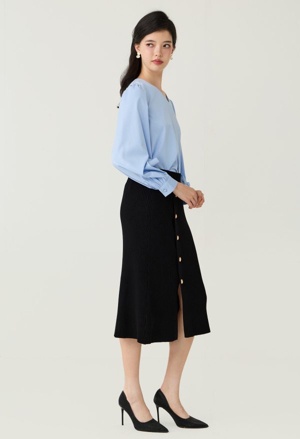 Buttons Ribbed Knitted Midi Skirt - Image 4