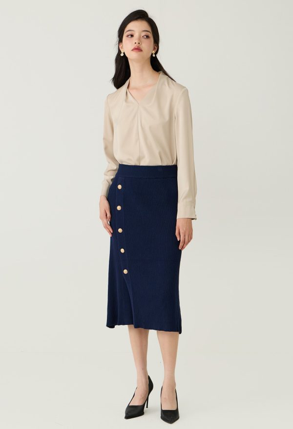 Buttons Ribbed Knitted Midi Skirt - Image 2