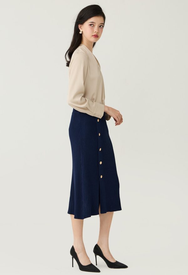 Buttons Ribbed Knitted Midi Skirt - Image 5