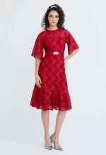 Lace Pearl Belted Cocktail Dress - Image 6