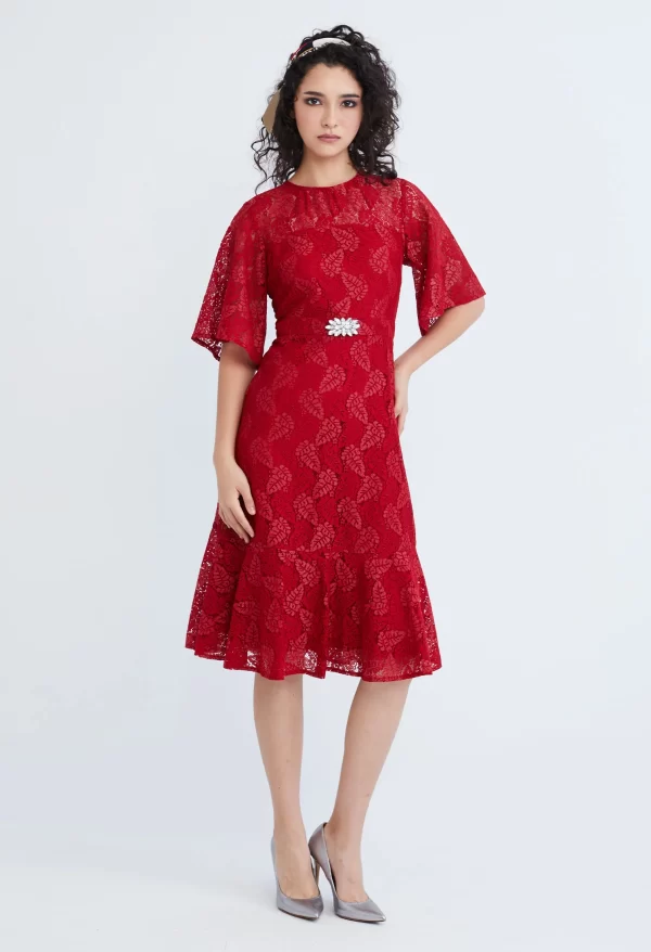 Lace Pearl Belted Cocktail Dress - Image 6