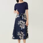 Navy Floral Printed Sash Waist Midi Dress