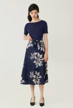 Navy Floral Printed Sash Waist Midi Dress