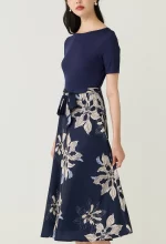 Navy Floral Printed Sash Waist Midi Dress - Image 3