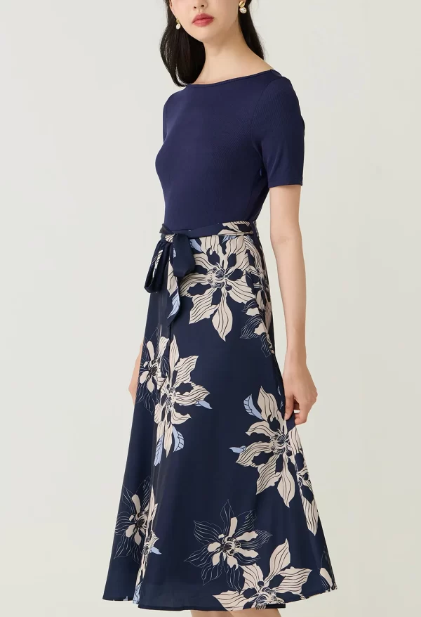 Navy Floral Printed Sash Waist Midi Dress - Image 3