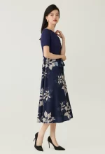 Navy Floral Printed Sash Waist Midi Dress - Image 2