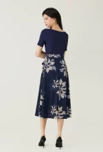 Navy Floral Printed Sash Waist Midi Dress - Image 4