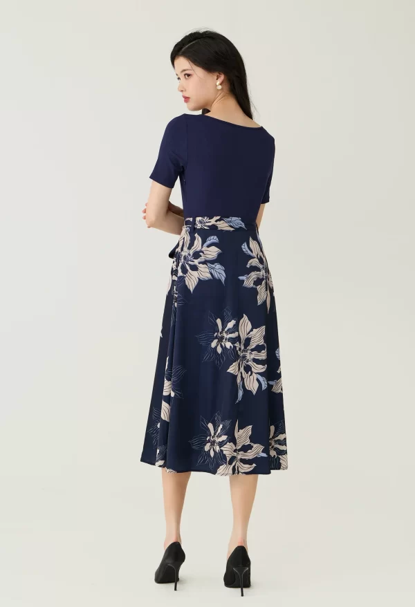 Navy Floral Printed Sash Waist Midi Dress - Image 4