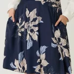 Navy Floral Printed A-Line Midi Skirt