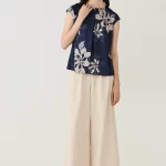 Navy Floral Printed Layered Pleat Blouse