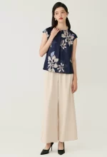 Navy Floral Printed Layered Pleat Blouse