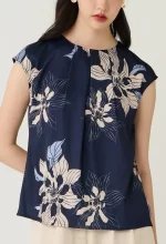 Navy Floral Printed Layered Pleat Blouse - Image 2