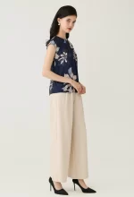 Navy Floral Printed Layered Pleat Blouse - Image 3