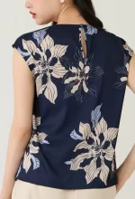 Navy Floral Printed Layered Pleat Blouse - Image 7