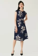 Navy Floral Printed Layered Pleat Midi Dress - Image 2
