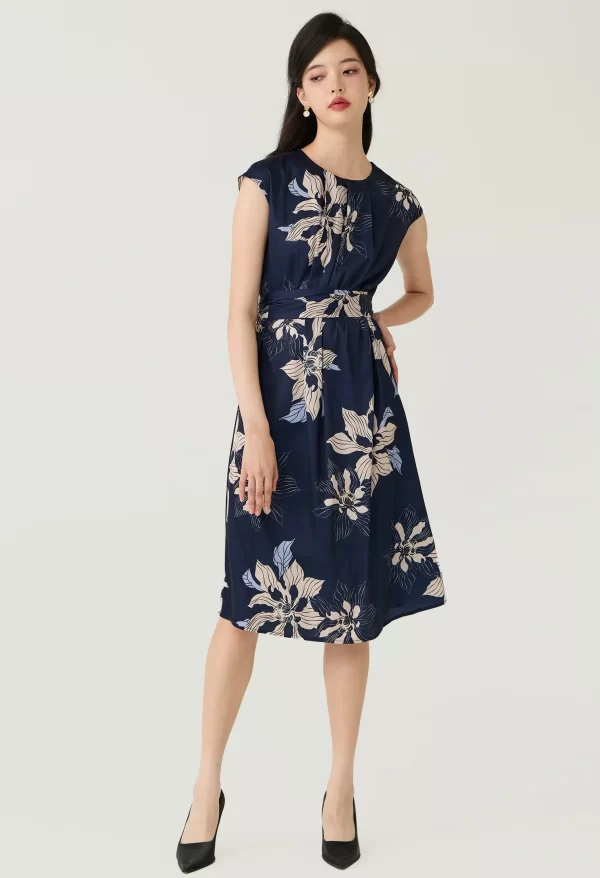 Navy Floral Printed Layered Pleat Midi Dress - Image 2