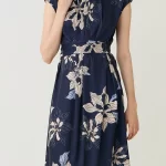 Navy Floral Printed Layered Pleat Midi Dress