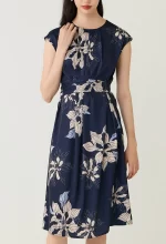 Navy Floral Printed Layered Pleat Midi Dress