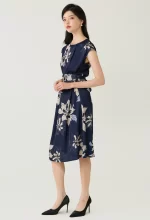 Navy Floral Printed Layered Pleat Midi Dress - Image 3