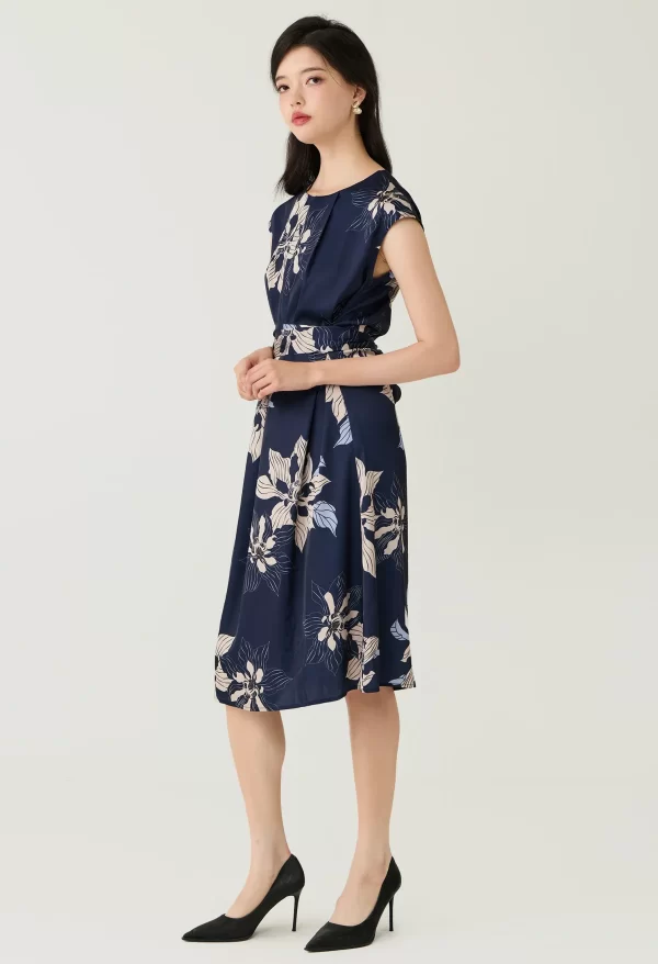 Navy Floral Printed Layered Pleat Midi Dress - Image 3