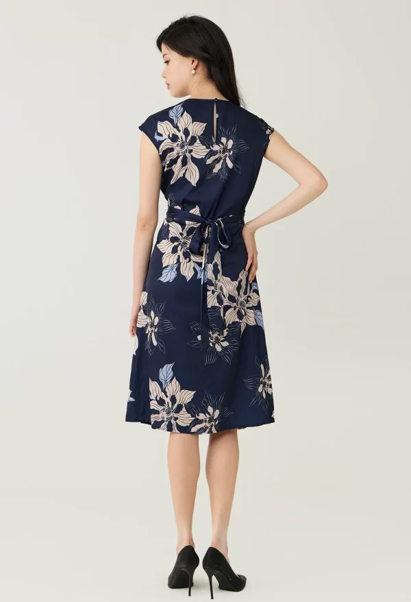 Navy Floral Printed Layered Pleat Midi Dress - Image 4