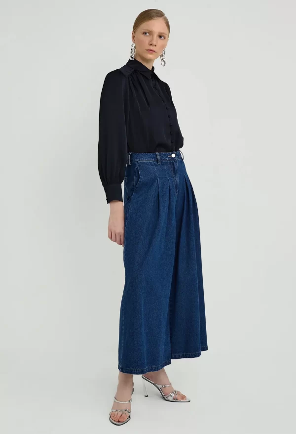 Pleated Wide Leg Denim Trousers - Image 2