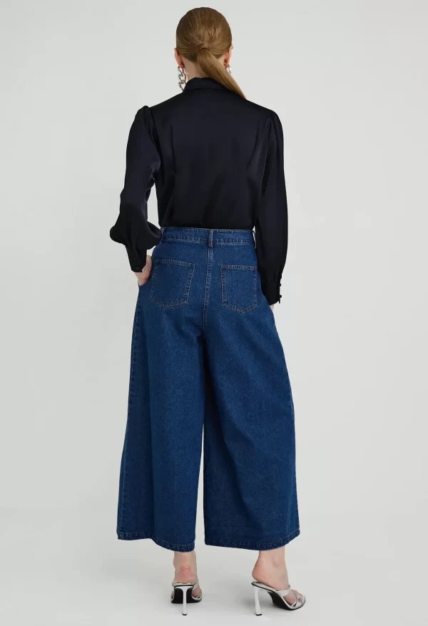 Pleated Wide Leg Denim Trousers - Image 3