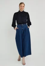 Pleated Wide Leg Denim Trousers - Image 4