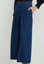Pleated Wide Leg Denim Trousers - Image 5