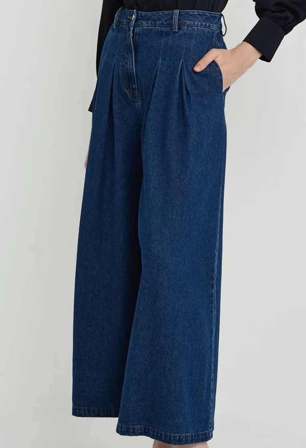 Pleated Wide Leg Denim Trousers - Image 5