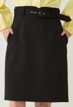 Tailored Buckle-Belted Midi Skirt