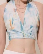 Watercolour Smocked-Back Surplice Crop Top