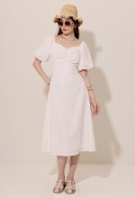 Gathered Bust Lantern Sleeve Midi Dress