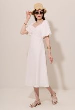 Gathered Bust Lantern Sleeve Midi Dress - Image 2