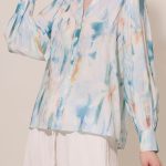 Watercolor Mandarin Collar Drop-Tail Blouse